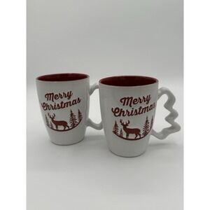 California Pantry Christmas Mugs Red White Deer Woods Tree Handles Mugs Set Of 2